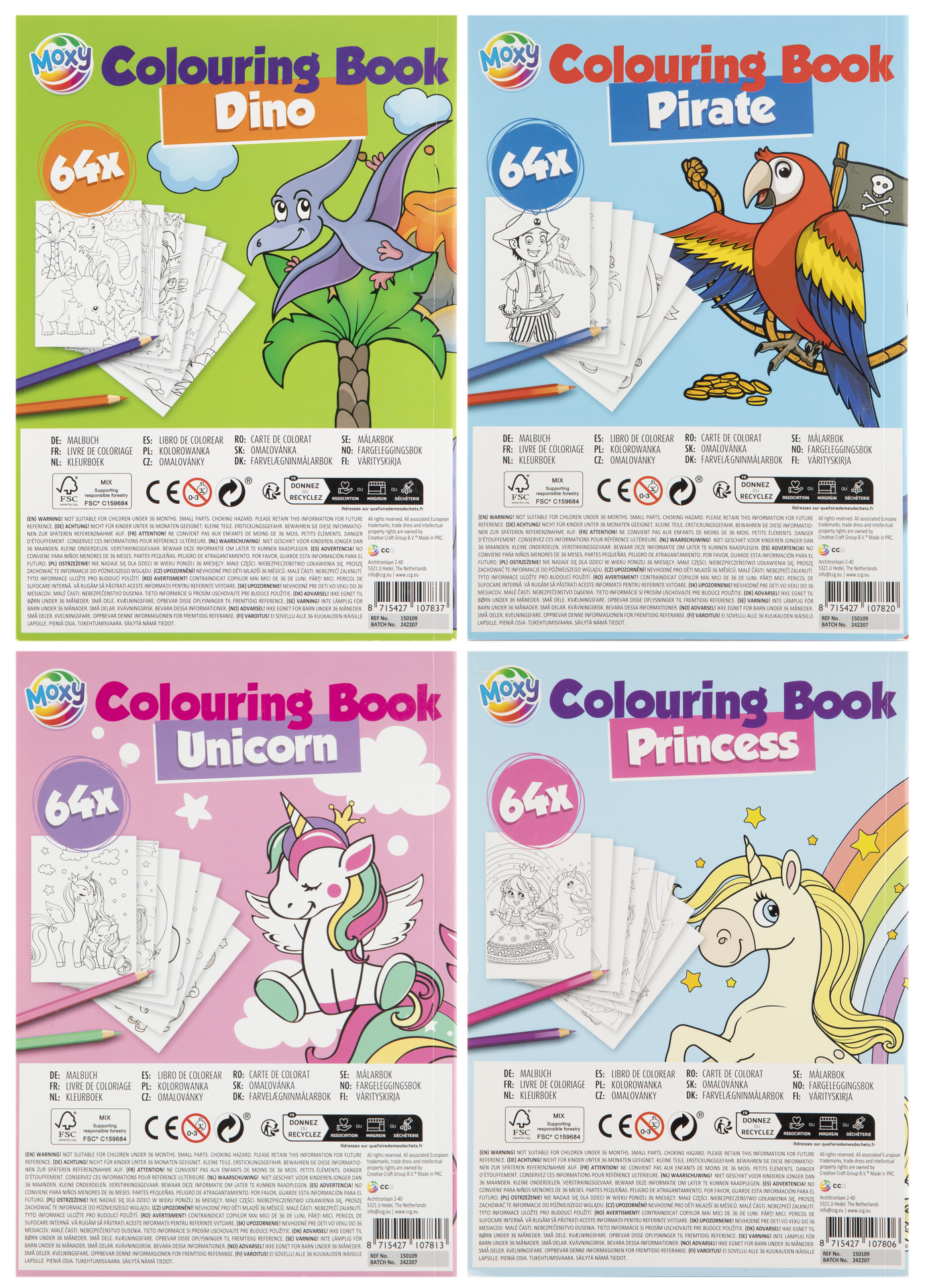 Värityskirja A5 64 sivua, lajitelma Yksisarvinen, Prinsessa, Dino, Merirosvo