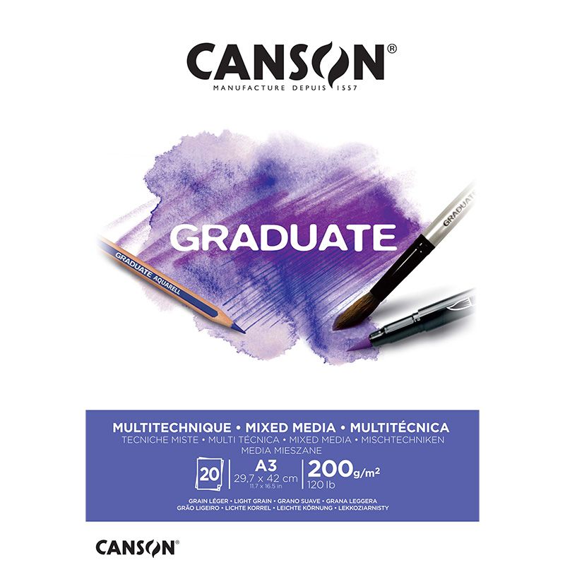 Canson Graduate Mixed Media White A3 200g (20), Mixed media lehtiö, valkoinen paperi