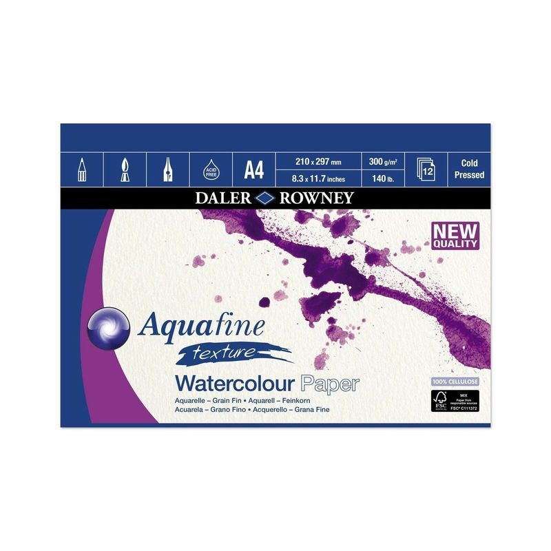 DR Aquafine akvarellilehtiö 300g A4 (12) PK, 100% selluloosa, 12 sivua, puolikarkea
