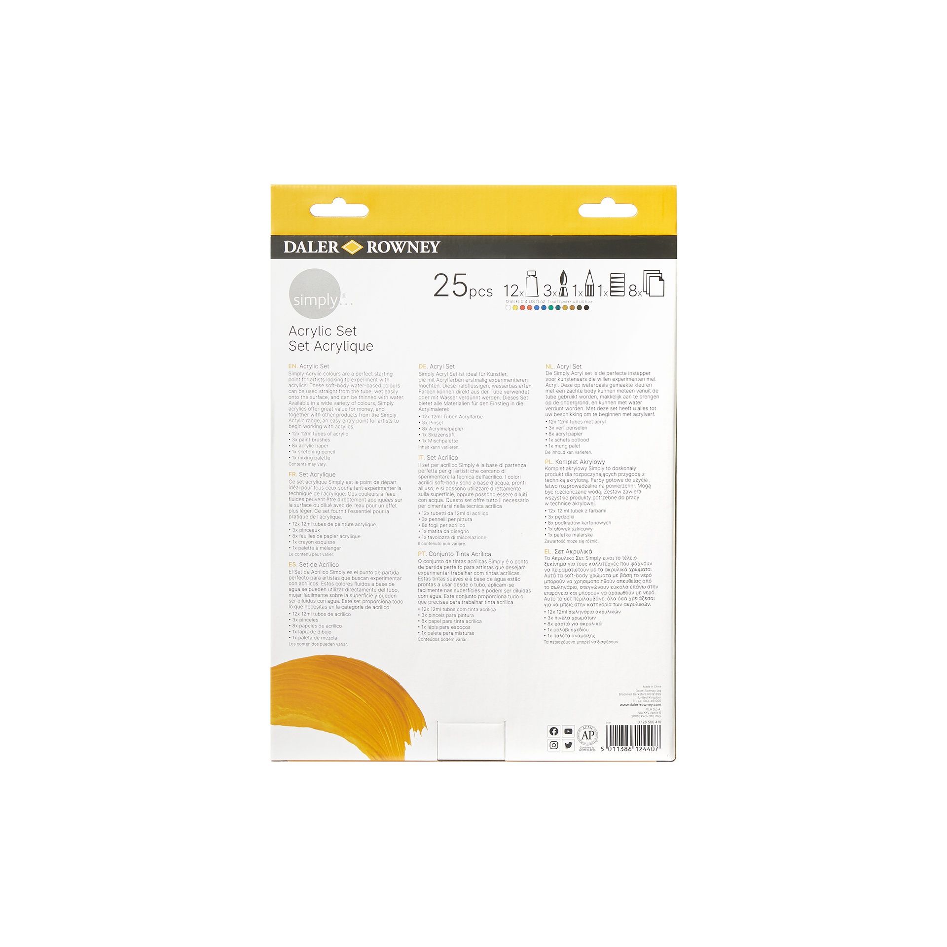 DR Simply Acrylic Set 25 pcs, 12 x akryylituubia 3 sivellintä kynä A4 paperiax 8