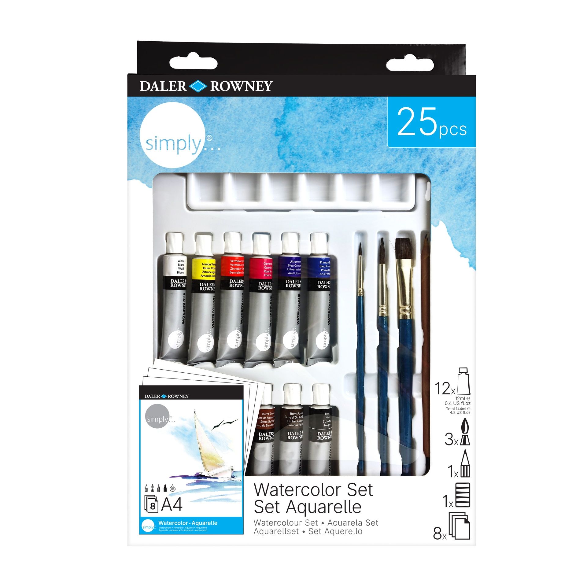 DR Simply Watercolour Set 25 pcs, 12 väriä, 3 sivellintä, lyijykynä HB ja 8 paperia