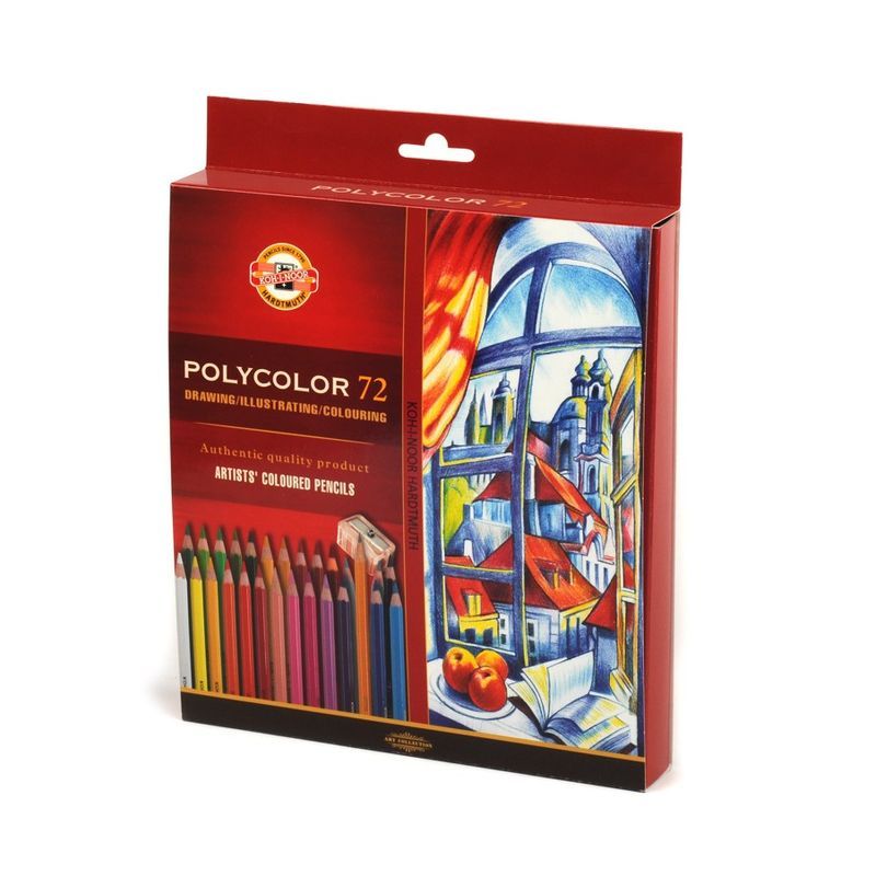 KOH Polycolor värikynät 72 kpl kartonkirasia, Sis myös 3 lyijykynää HB, 4B ja 8B sekä 2 teroitin