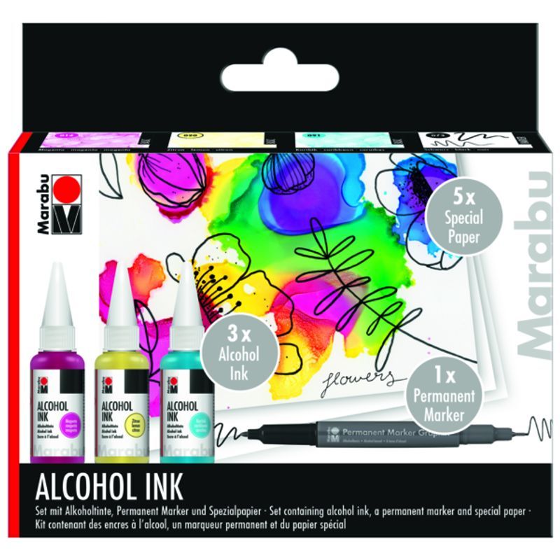 Marabu Alcohol Ink Set Flowers 3x20ml+tussi, värit 014, 020, 091 + 1 tussi ja 5 paperiark.