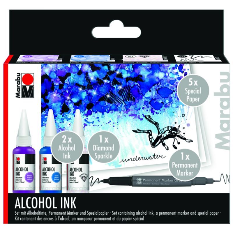 Marabu Alcohol Ink Set Underwater 3x20ml+tussi, värit 057, 081 + diamond 510, tussi 5 muovipap.ark