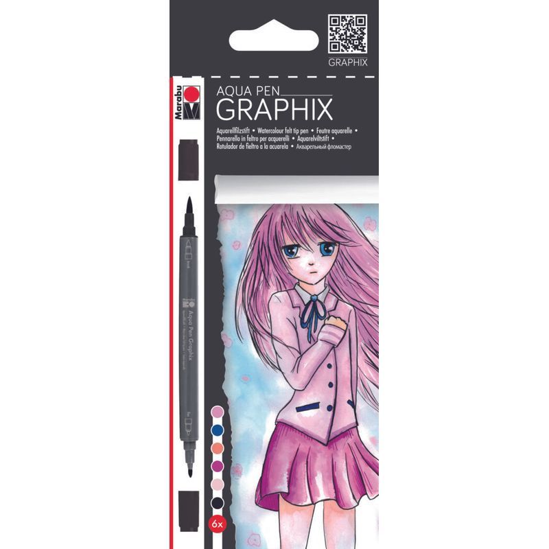Marabu Graphix Aqua Pen 6 Make Manga, kaksipäinen akvarellitussi, sivellin ja fineliner
