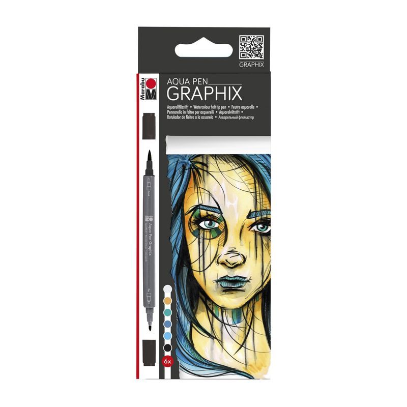 Marabu Graphix Aqua Pen 6 Metropolitan, kaksipäinen akvarellitussi, sivellin ja fineliner