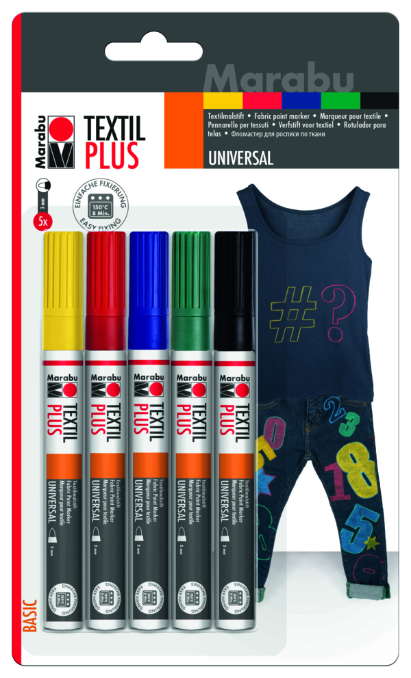 Marabu Tekstiilitussi PLUS Basic 5-lajitelma 3mm, kelt, pun, sin, vihr, musta