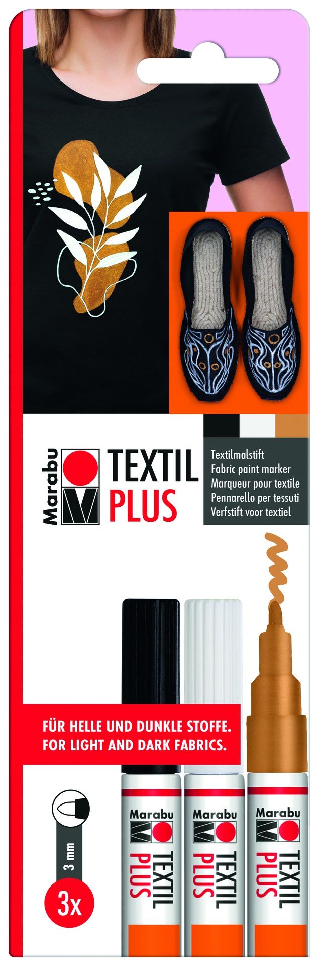 Marabu Plus Tekstiilitussi 3 kpl 3mm Favourite tummille ja vaaleille kankaille