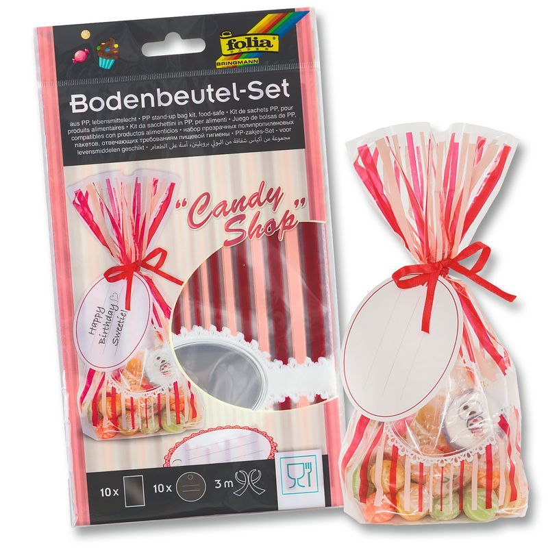P. FOLIA PP pussi candy shop 145x235mm 10kpl, sis. 10 ps ja nimilappua, 3m satiininauhaa, elinta