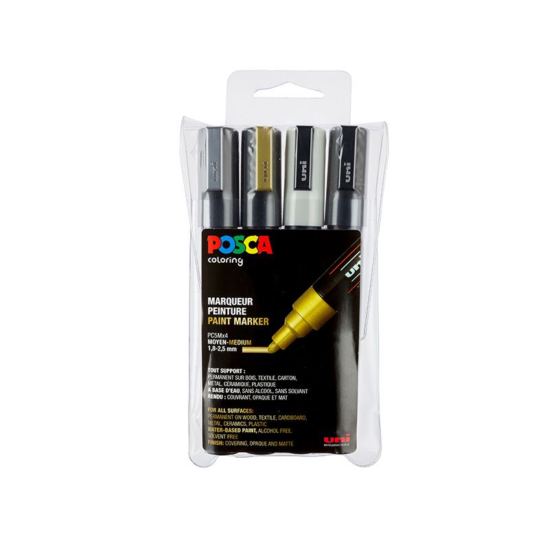 UNI POSCA Marker 4kpl PC-5M 1,8-2,5mm MONO, kulta hopea valk musta