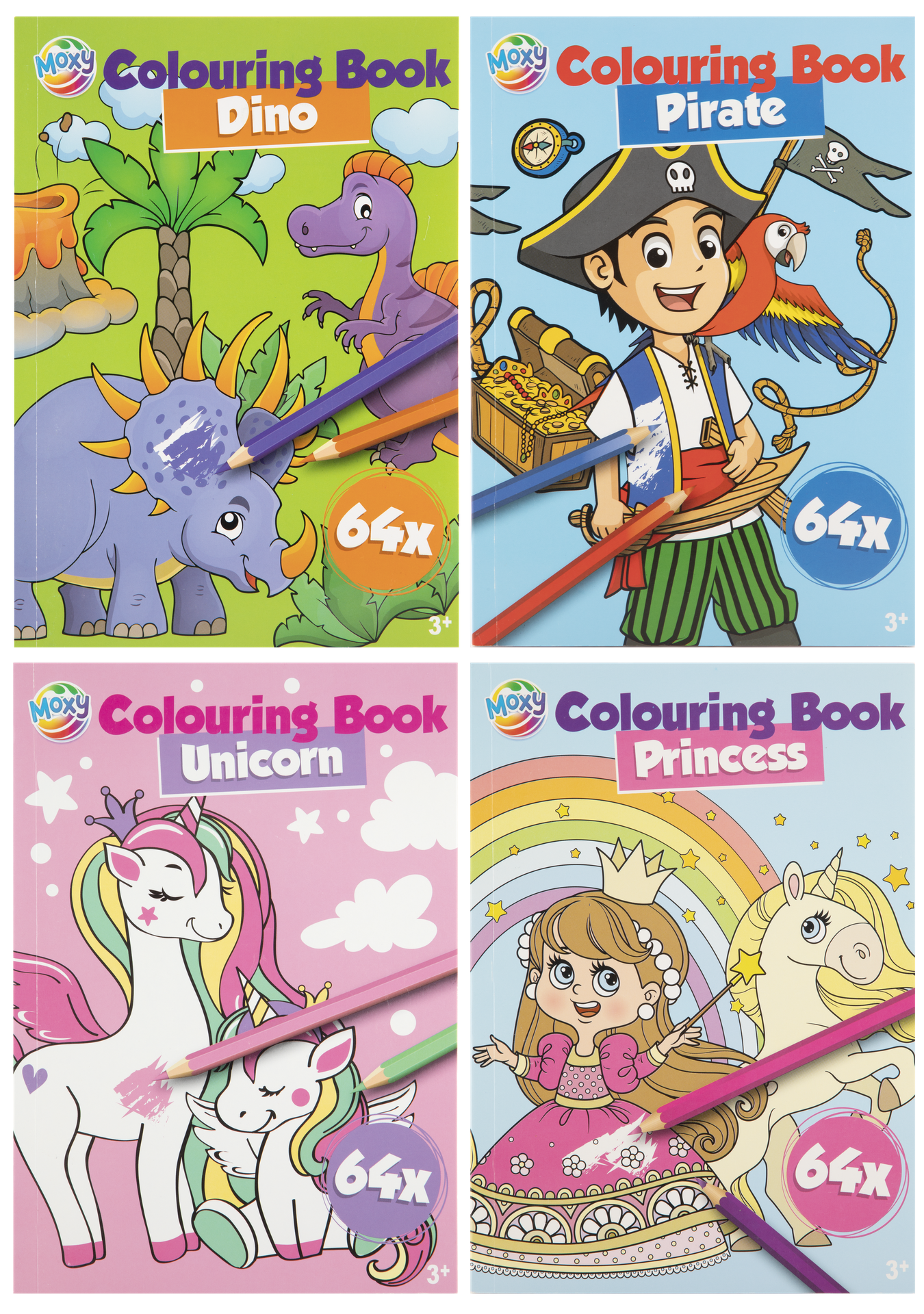 Värityskirja A5 64 sivua, lajitelma Yksisarvinen, Prinsessa, Dino, Merirosvo