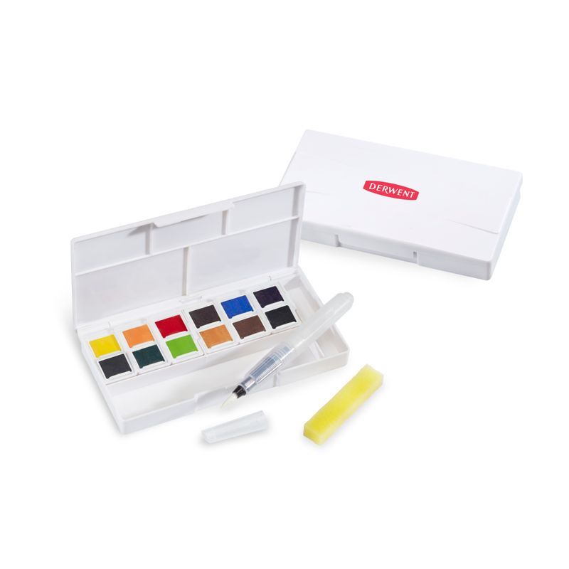 Derwent Inktense Paint Pan Travel Set 01 +säiliösi, säiliösivellin, sieni ja 12 mustevärinappia (1/2)