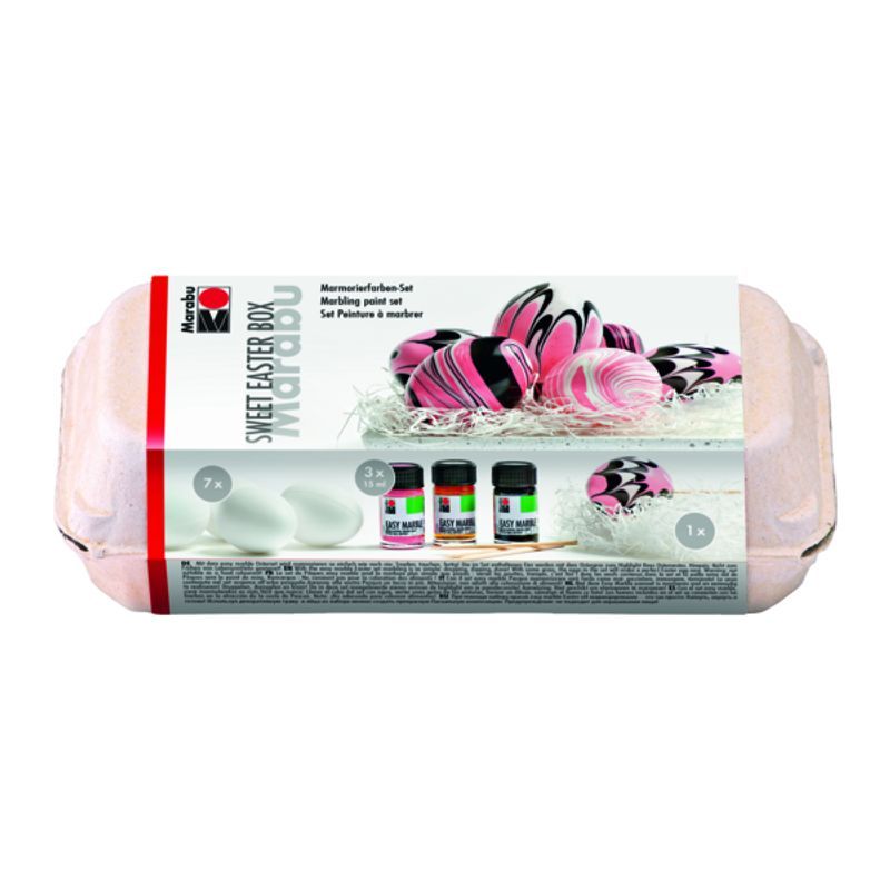 P. Marabu Sweet Easter Box 3x15ml, 7 munaa,7 tikkua, valk ruoho,värit pink, musta,kri