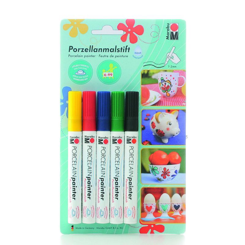 Marabu Posliini-ja lasiväritussilajitelma Basic, Sis. 5kpl perusvärisiä tusseja 1-2mm kärjellä